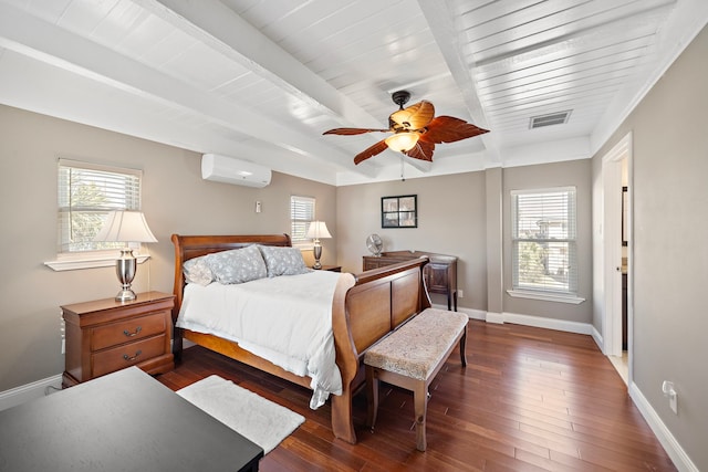 bedroom featuring a wall mounted air conditioner, wood ceiling, ceiling fan, dark wood-type flooring, and beam ceiling