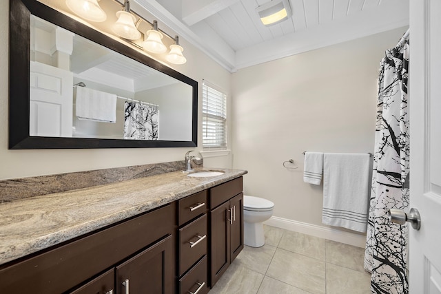 bathroom with tile patterned floors, toilet, wooden ceiling, vanity, and beamed ceiling