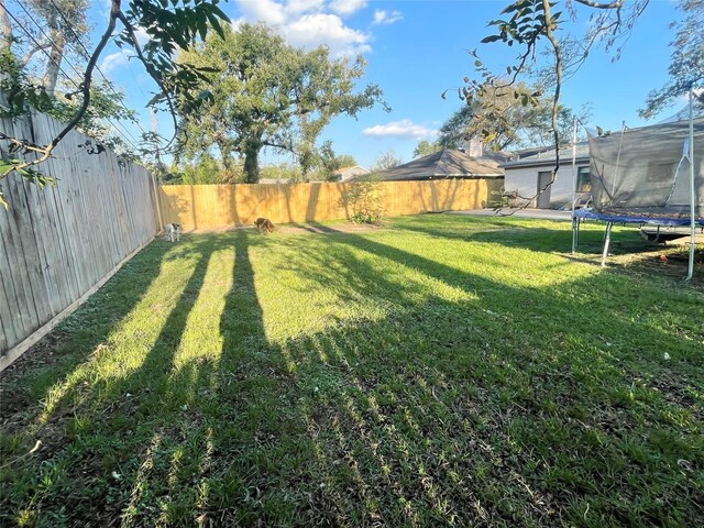 view of yard with a trampoline and a fenced backyard