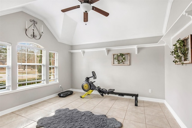 19475 Humaya, Porter, TX 77365 - exercise room featuring lofted ceiling, tile patterned flooring, ceiling fan, and baseboards