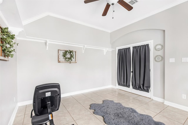 19475 Humaya, Porter, TX 77365 - exercise room with ceiling fan, tile patterned flooring, crown molding, and baseboards