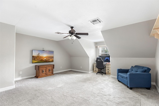 19475 Humaya, Porter, TX 77365 - living area with an office area, carpet, baseboards, and vaulted ceiling