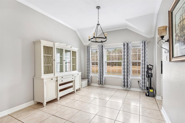 19475 Humaya, Porter, TX 77365 - unfurnished dining area with a chandelier, vaulted ceiling, baseboards, and light tile patterned floors