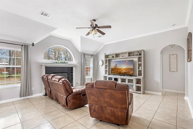 19475 Humaya, Porter, TX 77365 - living room featuring ceiling fan, baseboards, light tile patterned floors, a fireplace, and ornamental molding