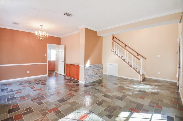 interior space featuring an inviting chandelier and ornamental molding