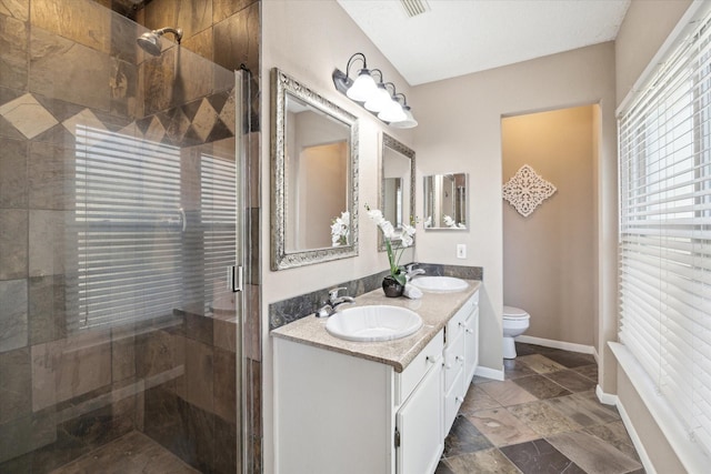 bathroom with vanity, toilet, and a shower with door