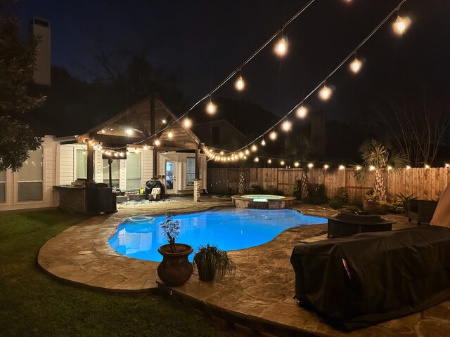 pool at twilight featuring a grill, an outdoor structure, a patio, and an in ground hot tub