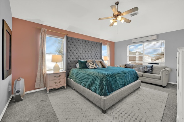 bedroom featuring ceiling fan and light colored carpet