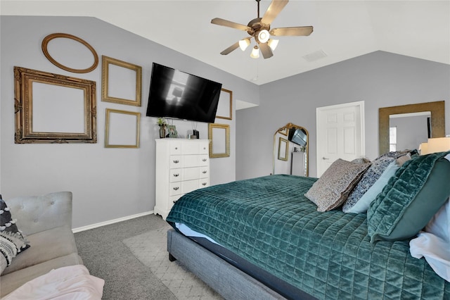 bedroom with ceiling fan, carpet flooring, and vaulted ceiling