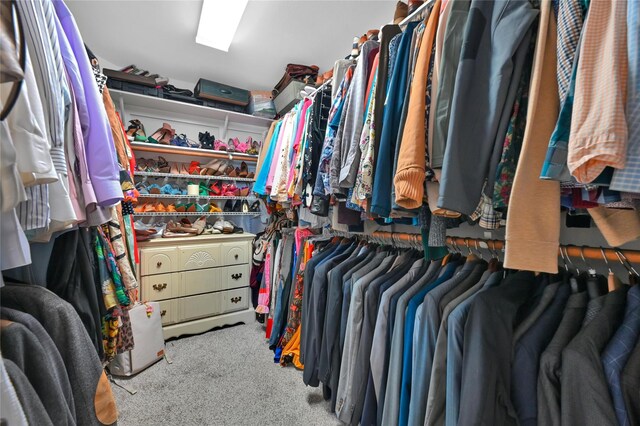 walk in closet with light carpet