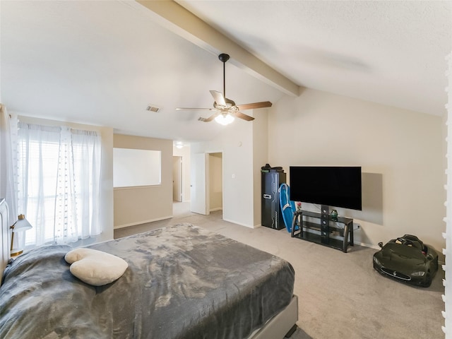 bedroom featuring lofted ceiling with beams, light carpet, and ceiling fan