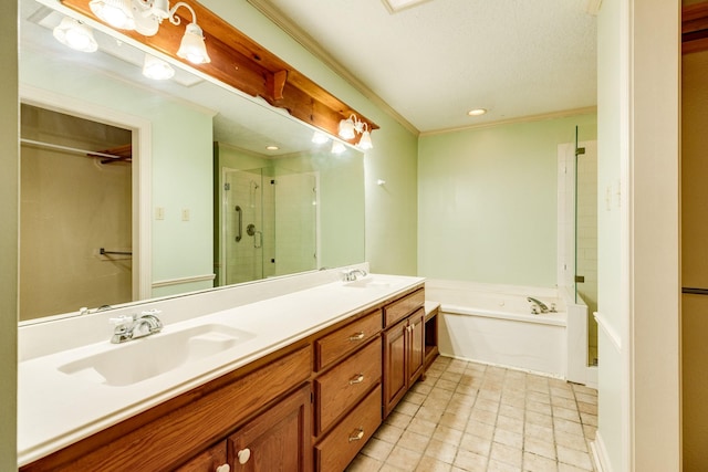 bathroom featuring vanity, crown molding, and separate shower and tub