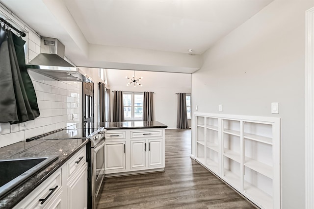 kitchen with electric stove, white cabinetry, backsplash, kitchen peninsula, and wall chimney exhaust hood