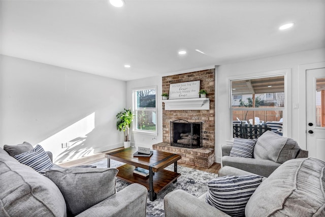 living room featuring wood-type flooring and a fireplace