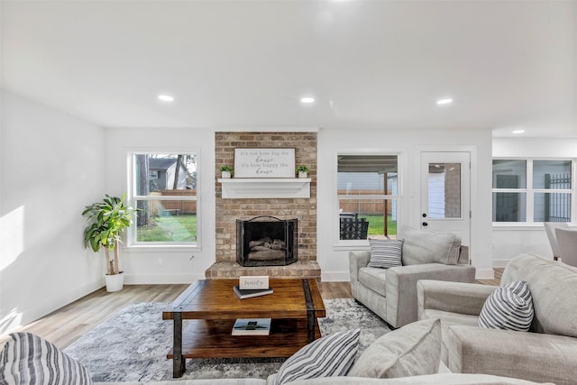 living room featuring a fireplace and light wood-type flooring