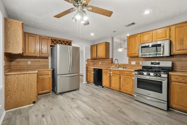 kitchen featuring sink, ceiling fan, appliances with stainless steel finishes, backsplash, and light wood-type flooring