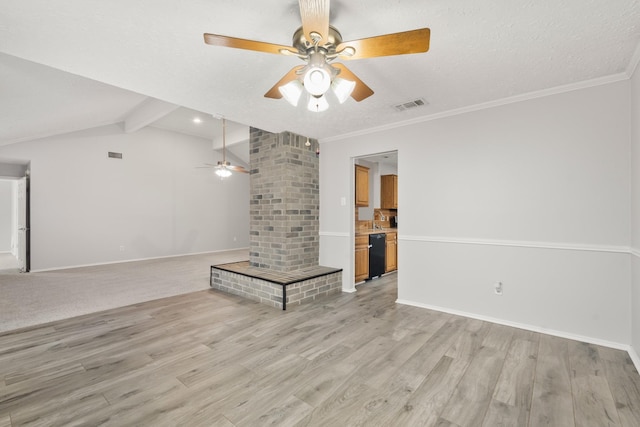 unfurnished living room featuring sink, lofted ceiling with beams, light hardwood / wood-style flooring, a textured ceiling, and ceiling fan