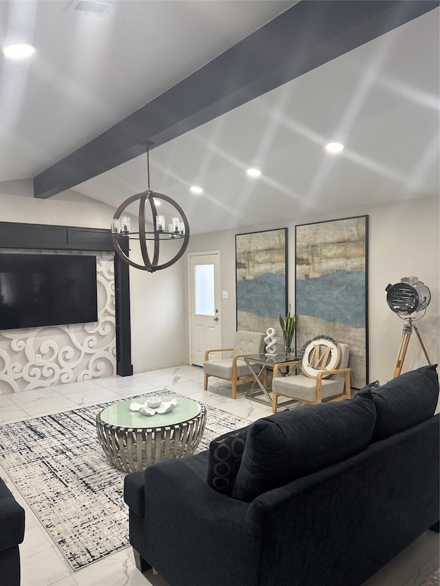 living room with beamed ceiling and a notable chandelier