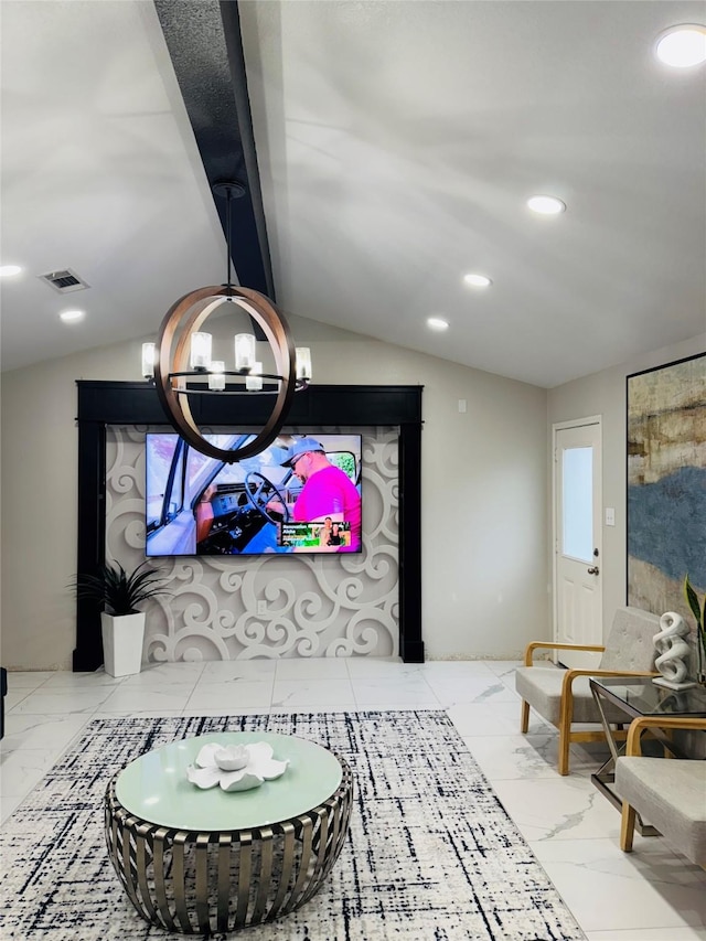 living room featuring lofted ceiling