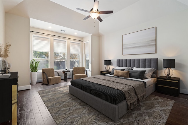 139 Monterrey Bnd, Montgomery, TX 77316 - bedroom featuring recessed lighting, ceiling fan, visible vents, baseboards, and hardwood / wood-style floors