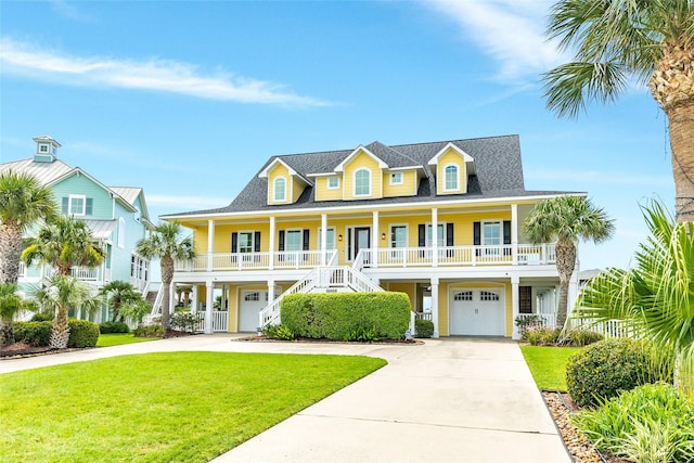 view of front facade with a porch, a garage, and a front yard