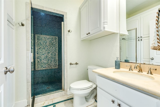 bathroom with walk in shower, tile patterned floors, vanity, and toilet