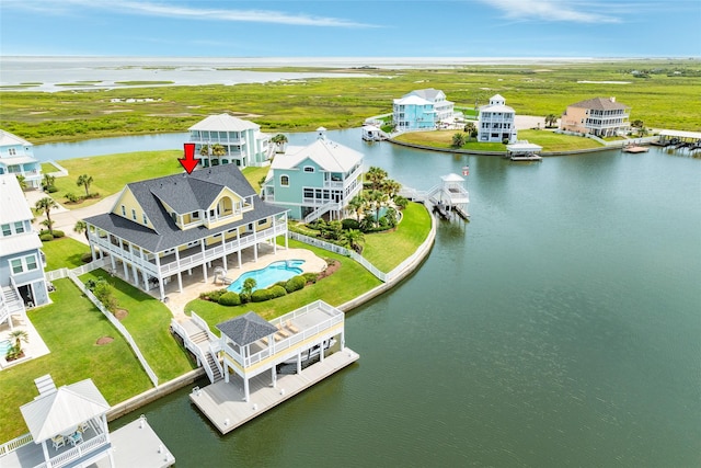 aerial view featuring a water view