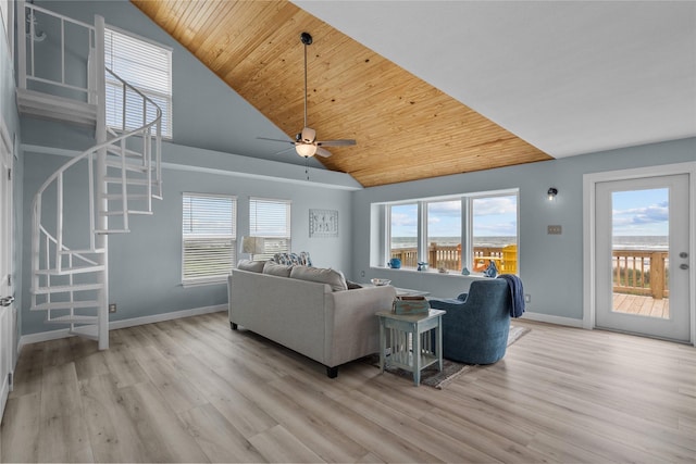 living room featuring ceiling fan, wood ceiling, light hardwood / wood-style flooring, and a healthy amount of sunlight