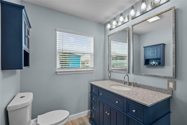 bathroom with vanity, wood-type flooring, and toilet