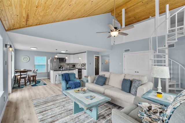 living room featuring ceiling fan, light hardwood / wood-style floors, high vaulted ceiling, and wooden ceiling