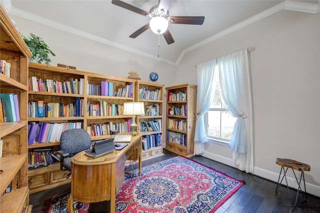 office featuring crown molding, dark wood-type flooring, vaulted ceiling, ceiling fan, and baseboards