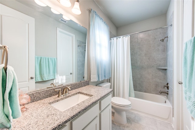 full bathroom with shower / bath combination with curtain, visible vents, toilet, vanity, and tile patterned floors