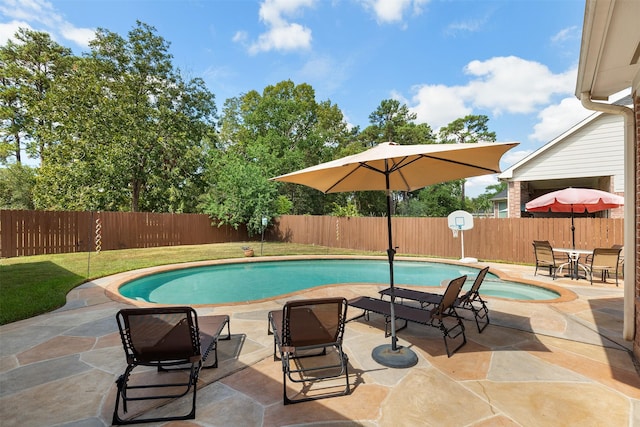 view of swimming pool with a fenced in pool, a fenced backyard, and a patio area