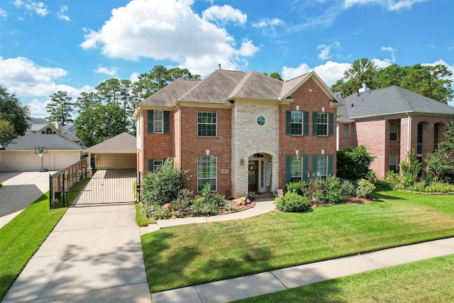 view of front of home with brick siding, stone siding, a front lawn, and a gate