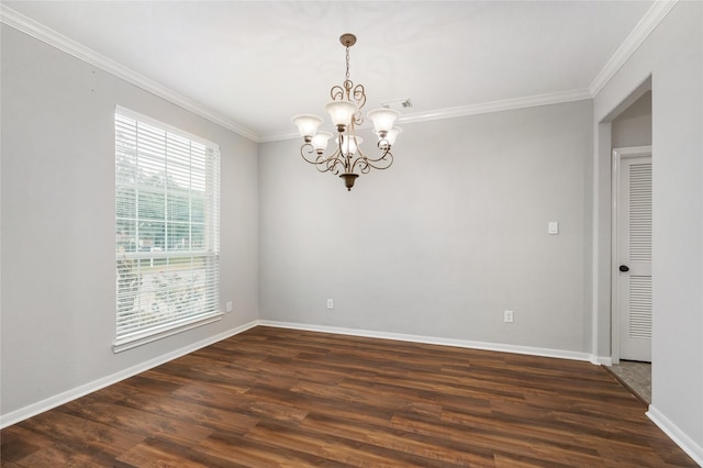 empty room featuring visible vents, baseboards, dark wood finished floors, and crown molding