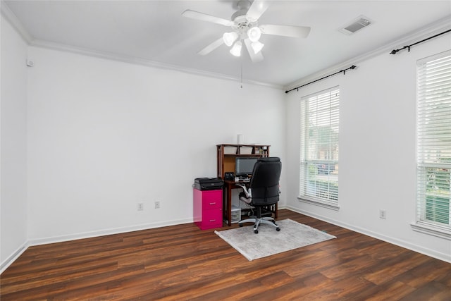 office area with visible vents, crown molding, ceiling fan, baseboards, and wood finished floors