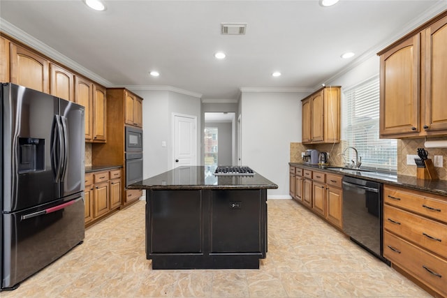 kitchen with visible vents, a kitchen island, wall oven, dishwasher, and refrigerator with ice dispenser