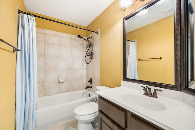 full bath with vanity, toilet, tile patterned flooring, and shower / tub combo with curtain