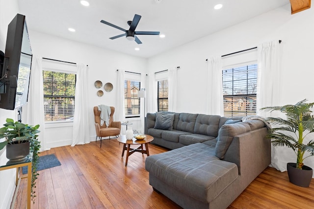 living room featuring a wealth of natural light, ceiling fan, and hardwood / wood-style flooring