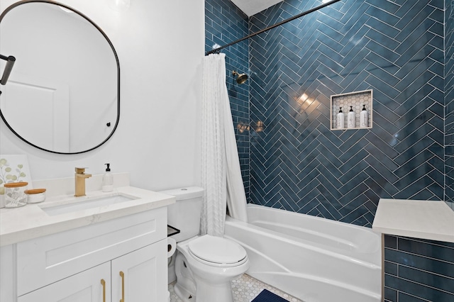 full bathroom featuring vanity, toilet, shower / bath combo, and tile patterned floors