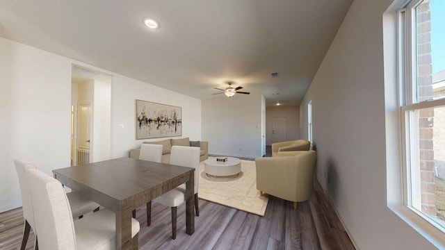 dining space with ceiling fan and hardwood / wood-style floors