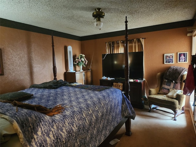 carpeted bedroom with a textured ceiling