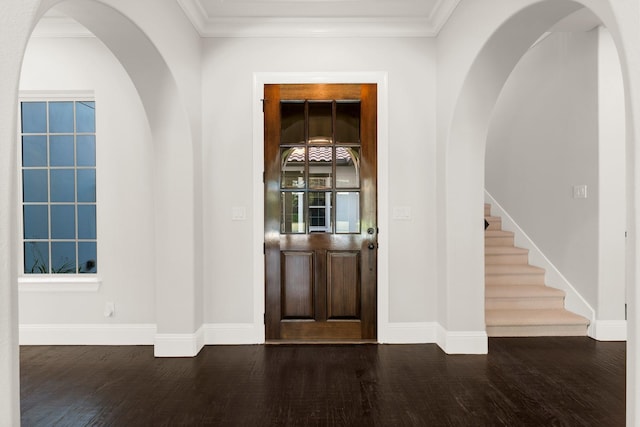 foyer entrance with baseboards, dark wood-type flooring, and ornamental molding