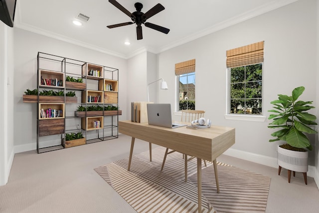 carpeted office with baseboards, visible vents, a ceiling fan, ornamental molding, and recessed lighting