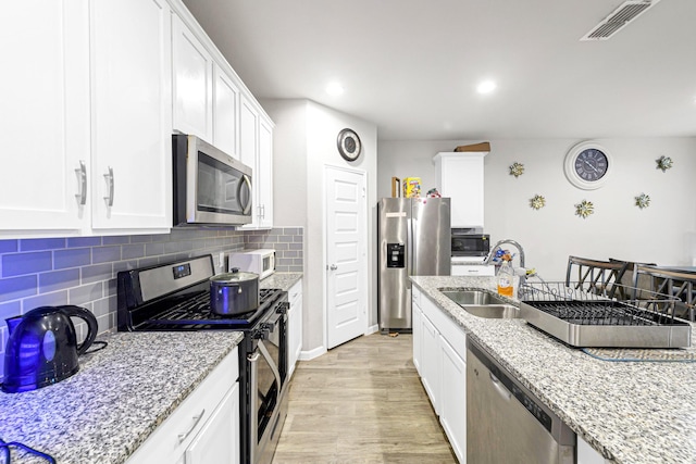 kitchen featuring sink, white cabinets, backsplash, stainless steel appliances, and light stone countertops