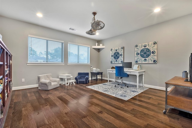 office area with dark hardwood / wood-style flooring