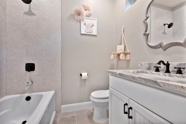 full bathroom with tiled shower / bath combo, vanity, tile patterned flooring, and toilet