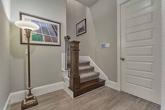 stairway featuring wood-type flooring