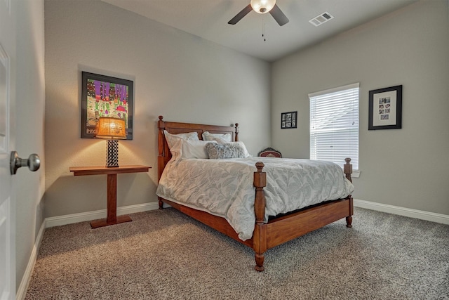 bedroom with ceiling fan and carpet