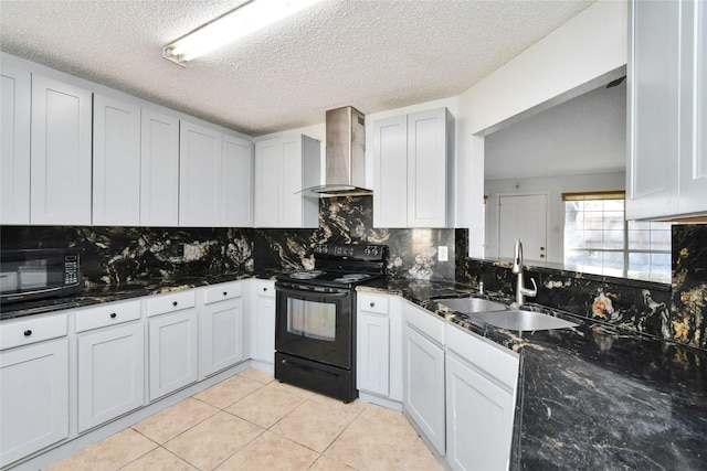 kitchen featuring sink, wall chimney range hood, black appliances, light tile patterned flooring, and dark stone counters